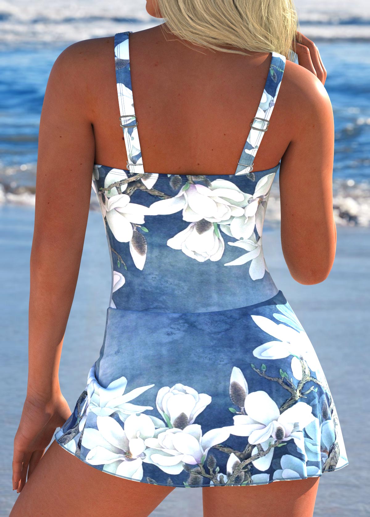 Tie Floral Print Denim Blue One Piece Swimdress | picture 