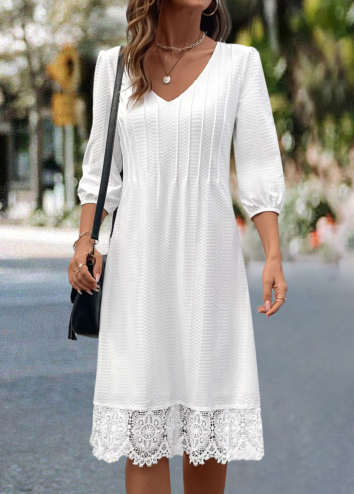 White Patchwork A Line 3/4 Sleeve V Neck Dress | picture 