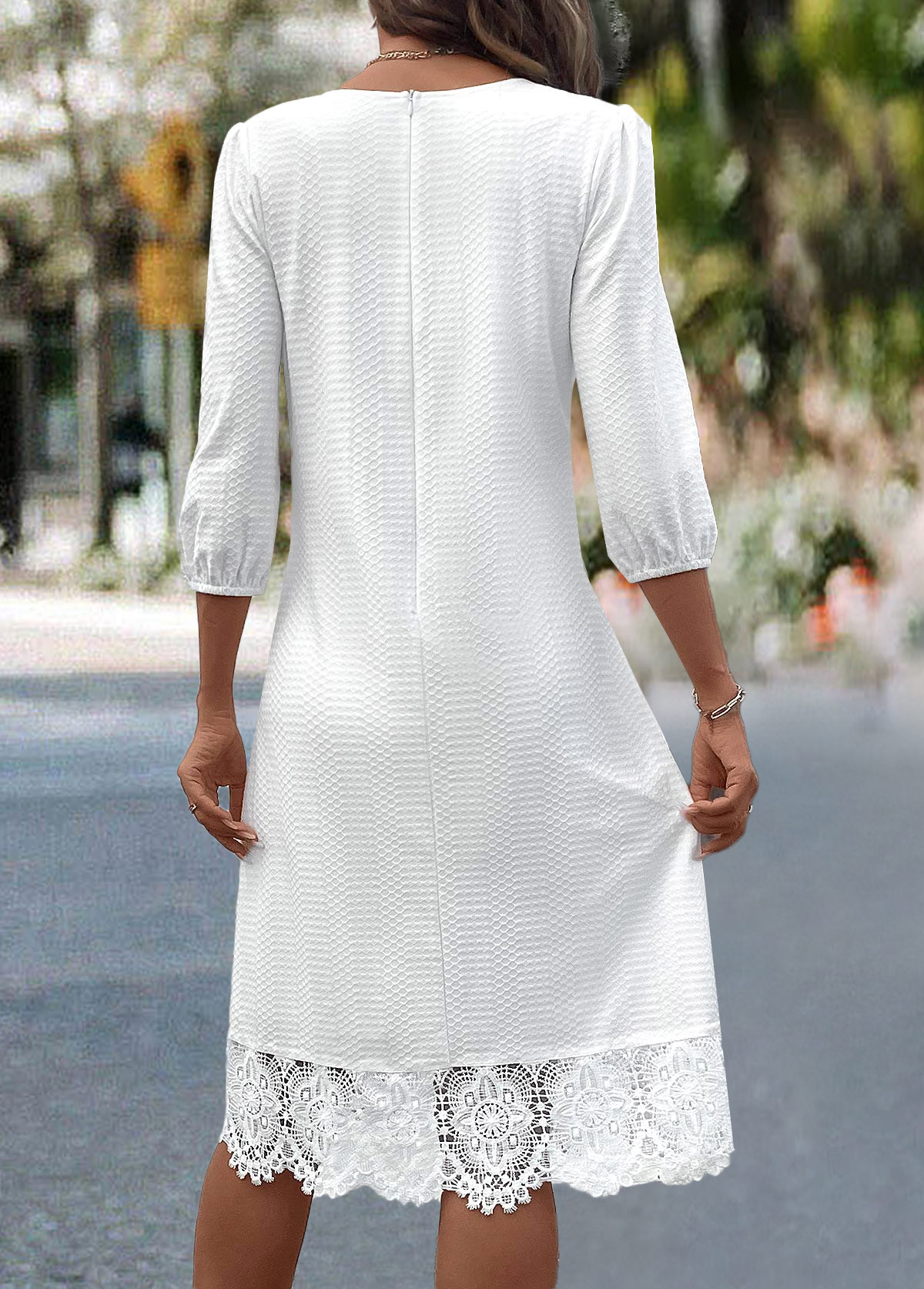 White Patchwork A Line 3/4 Sleeve V Neck Dress | picture 