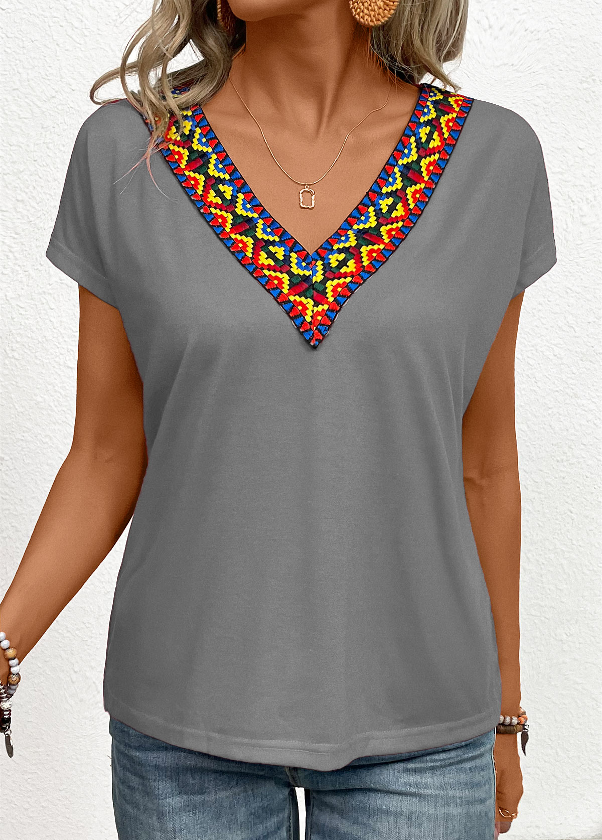 Grey Patchwork Tribal Print Short Sleeve T Shirt | picture 