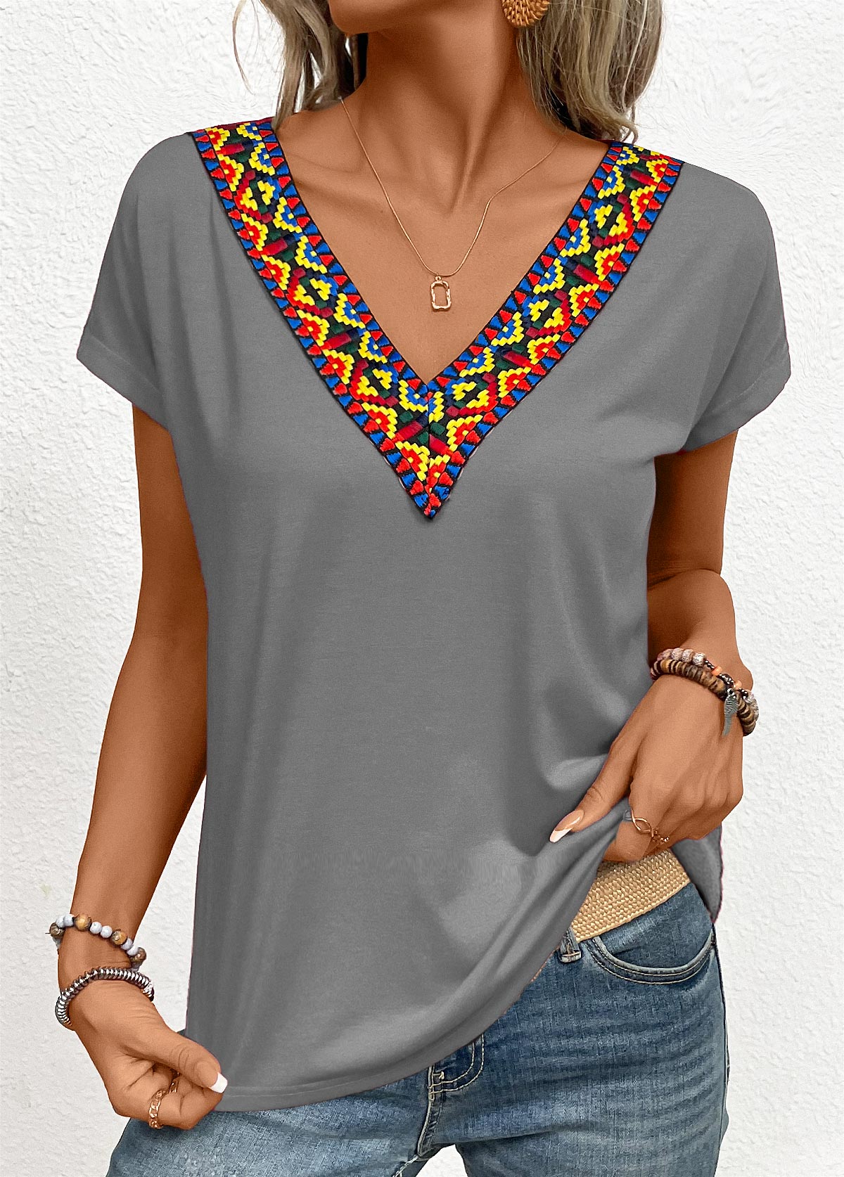 Grey Patchwork Tribal Print Short Sleeve T Shirt | picture 