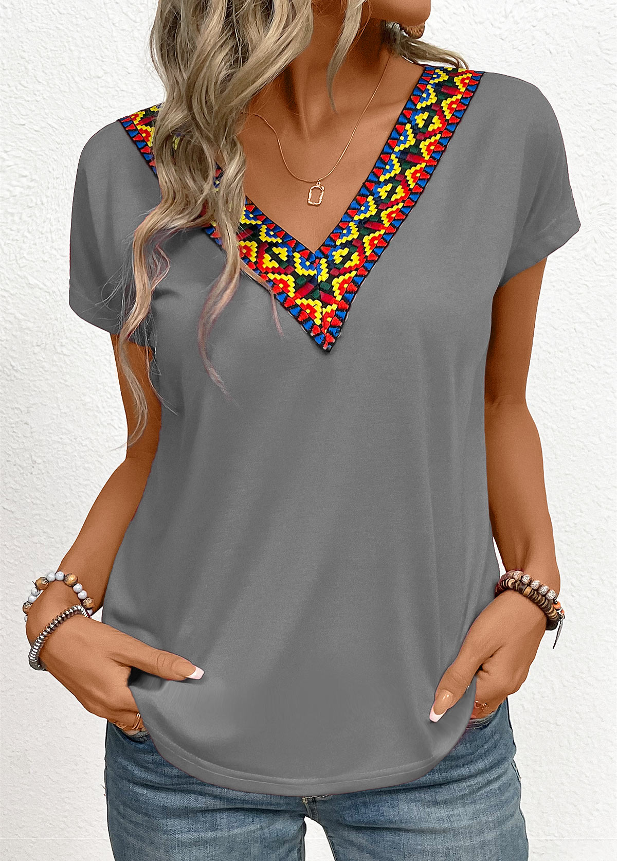 Grey Patchwork Tribal Print Short Sleeve T Shirt | picture 