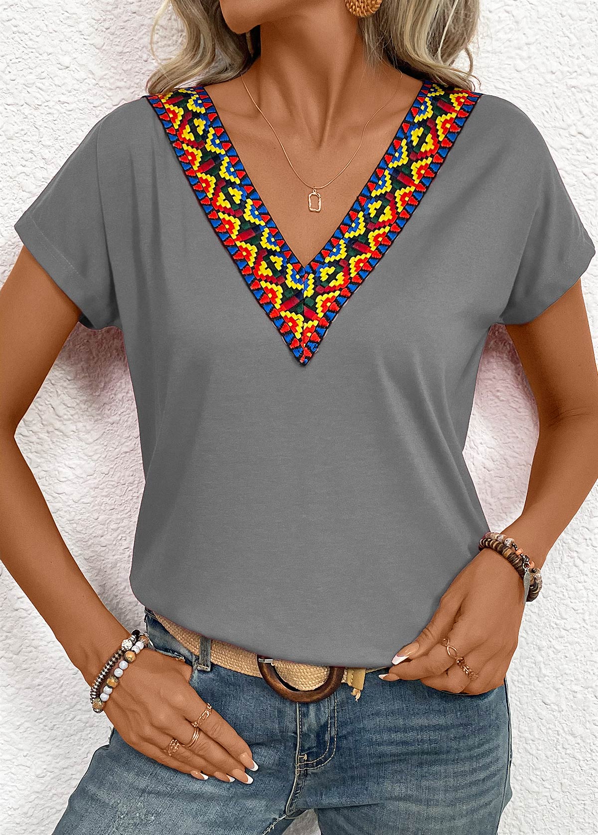 Grey Patchwork Tribal Print Short Sleeve T Shirt | picture 