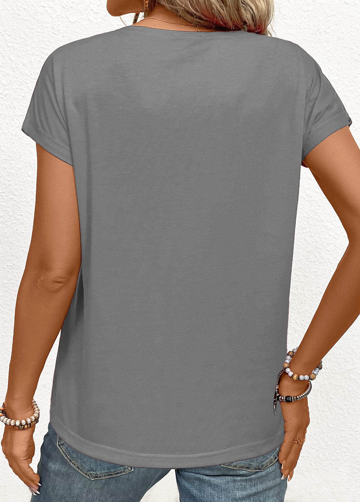 Grey Patchwork Tribal Print Short Sleeve T Shirt | picture 