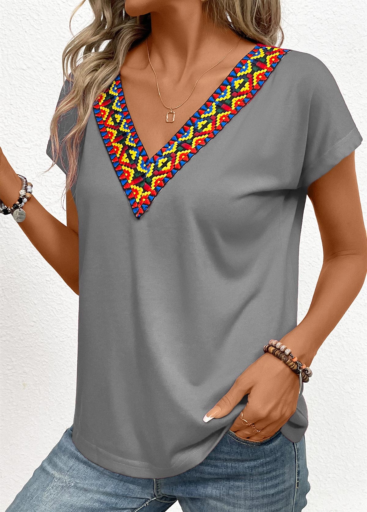 Grey Patchwork Tribal Print Short Sleeve T Shirt | picture 