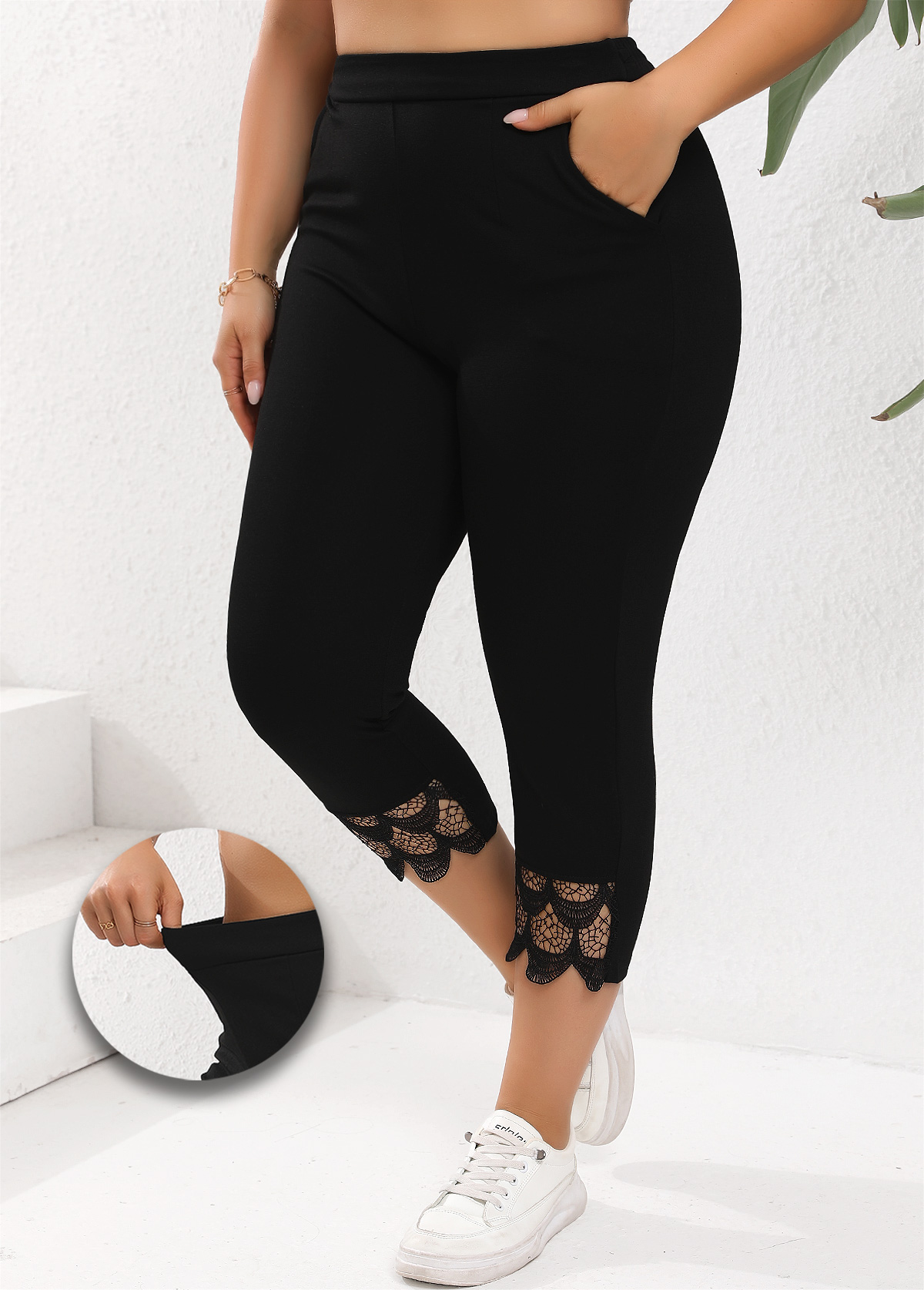 Black Patchwork Plus Size Skinny Elastic Waist Pants | picture 