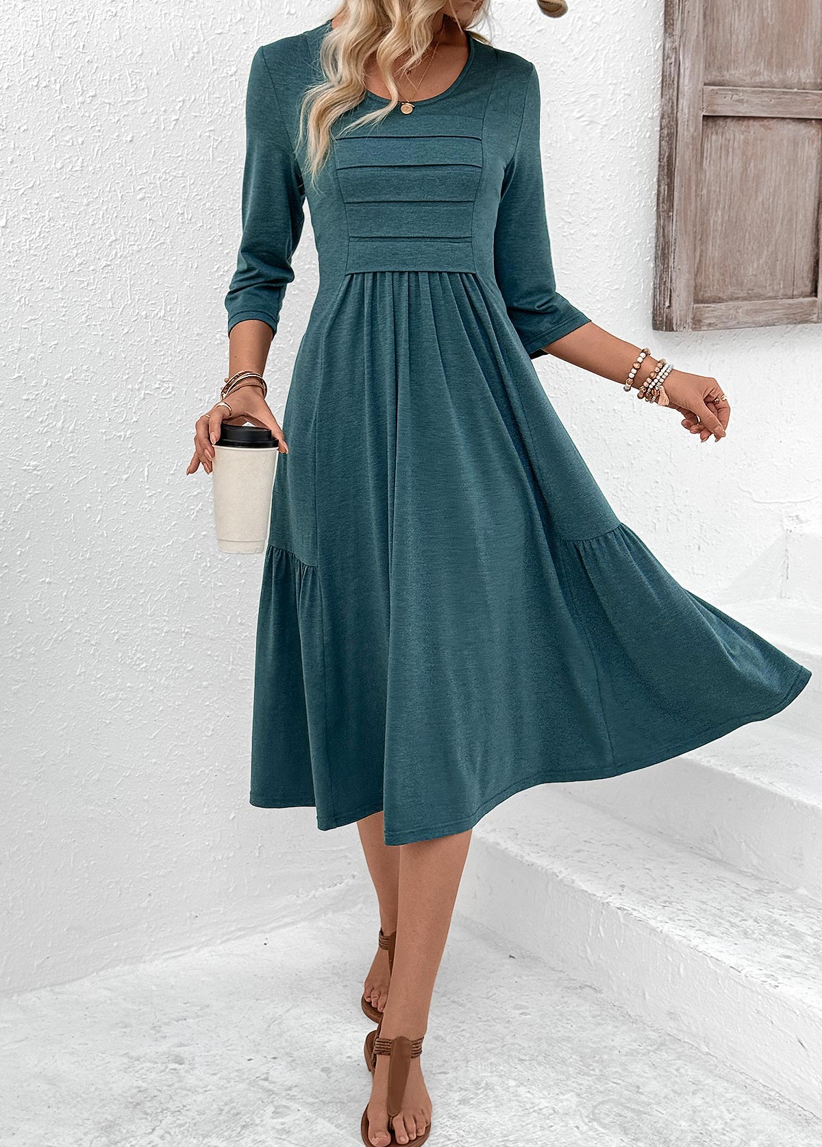 Turquoise Zipper 3/4 Sleeve Round Neck Dress | picture 