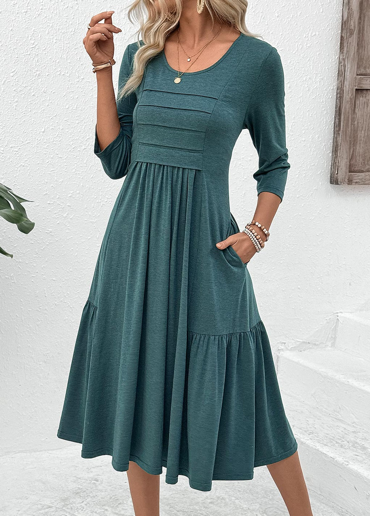 Turquoise Zipper 3/4 Sleeve Round Neck Dress | picture 
