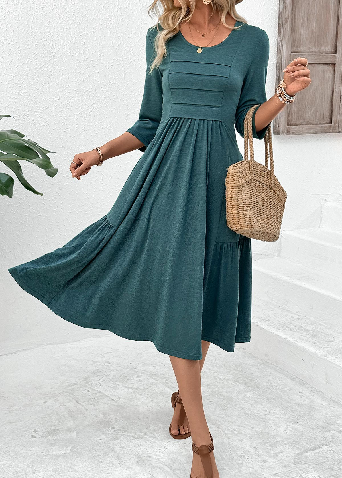 Turquoise Zipper 3/4 Sleeve Round Neck Dress | picture 
