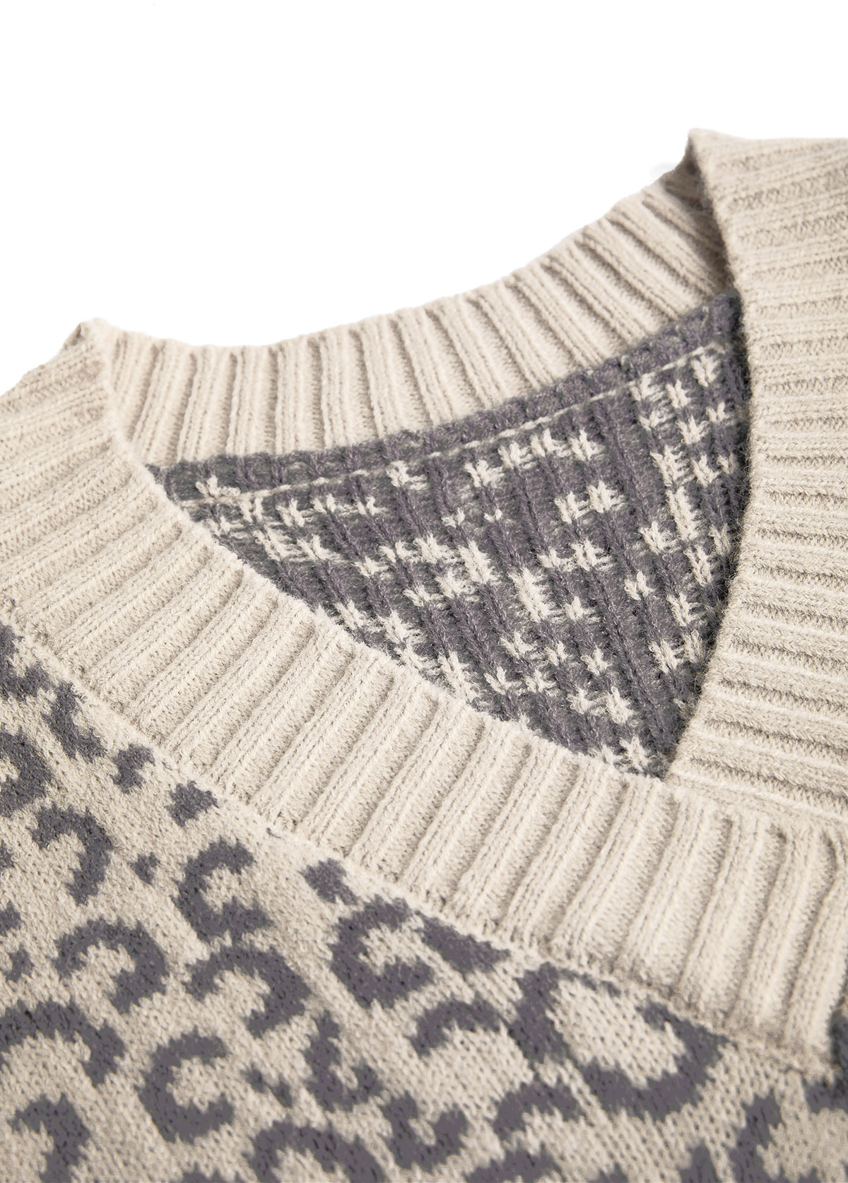 Light Camel Patchwork Leopard Long Sleeve V Neck Sweater | picture 