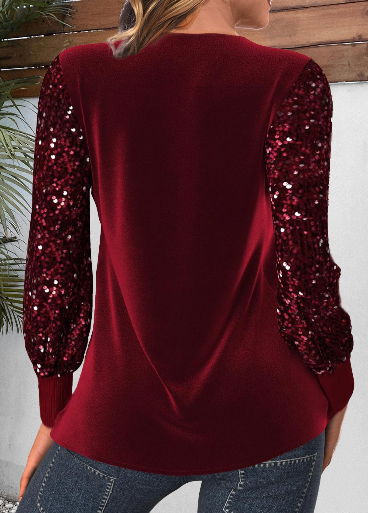 Wine Red Velvet Long Sleeve V Neck T Shirt | picture 