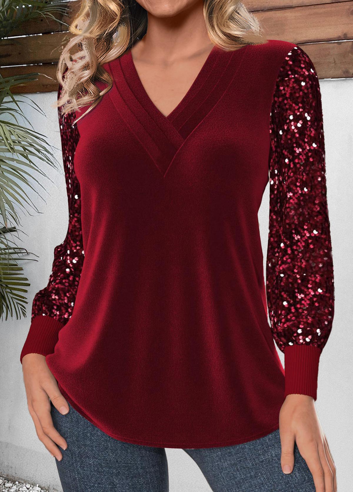 Wine Red Velvet Long Sleeve V Neck T Shirt | picture 