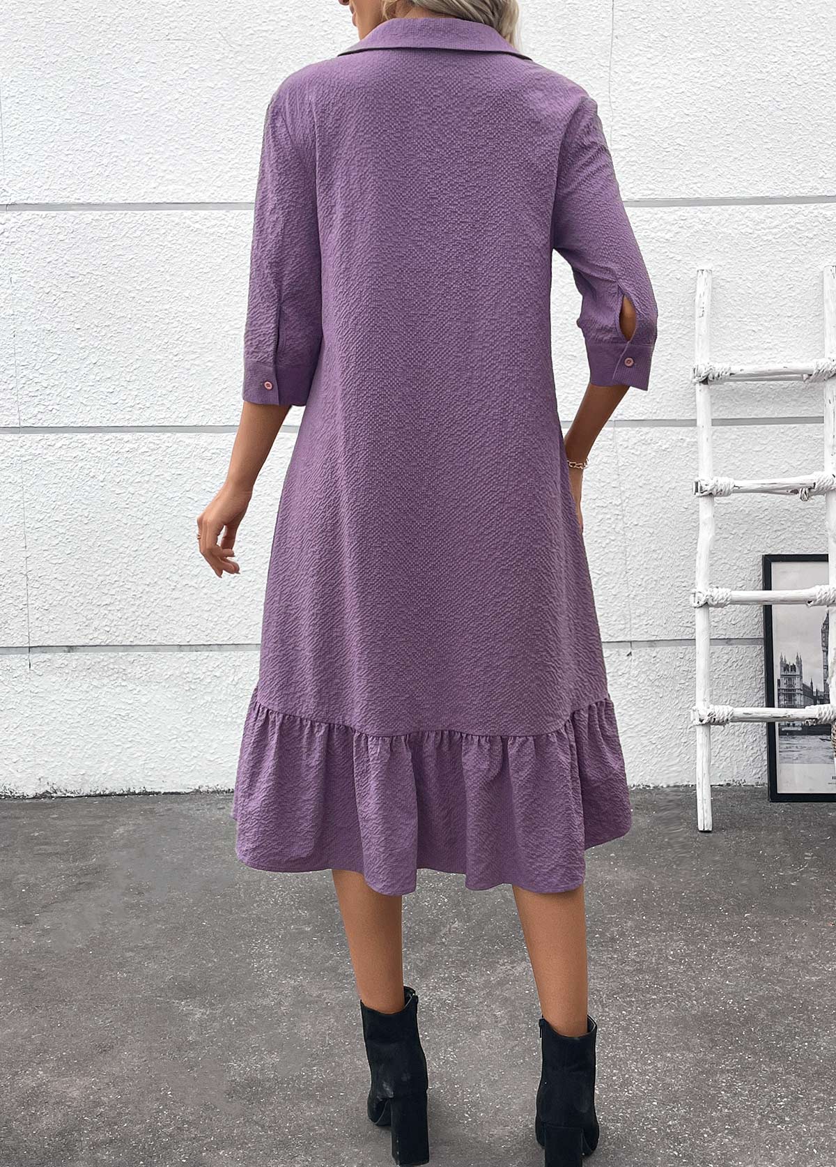 Dusty Purple Button A Line Belted 3/4 Sleeve Dress | picture 