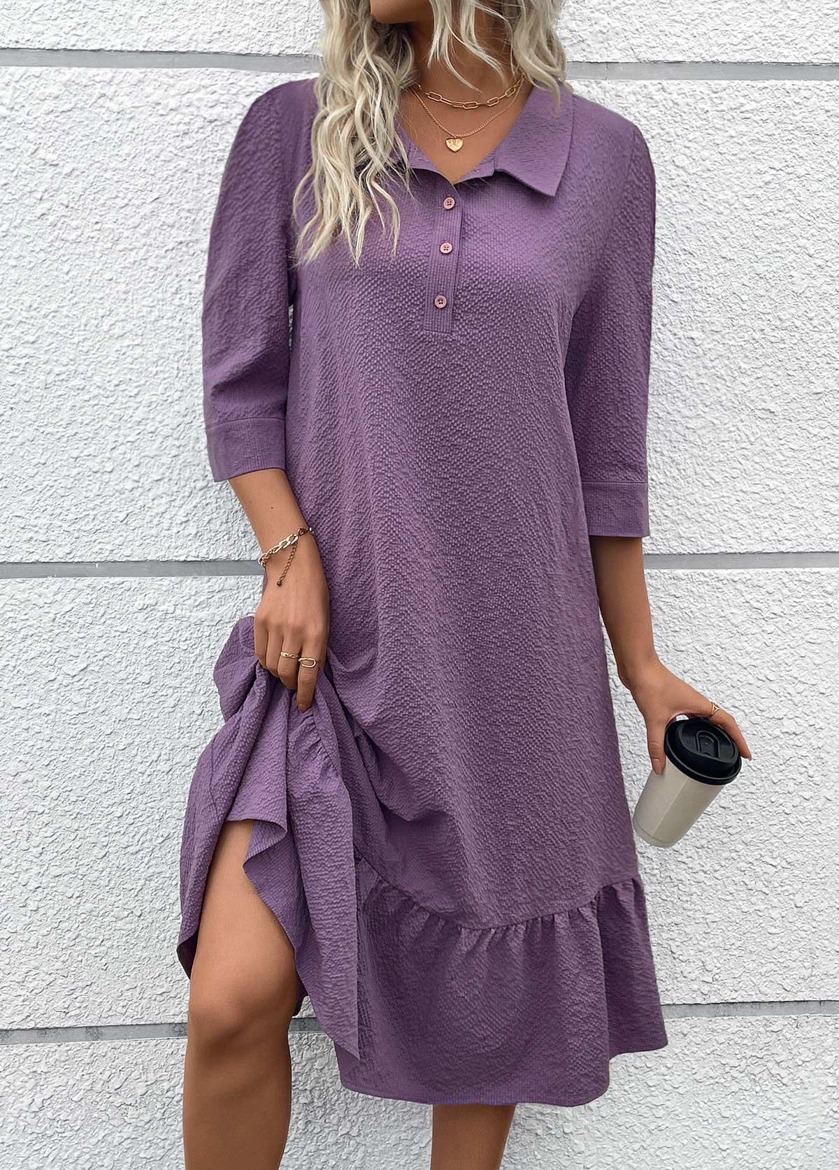 Dusty Purple Button A Line Belted 3/4 Sleeve Dress | picture 