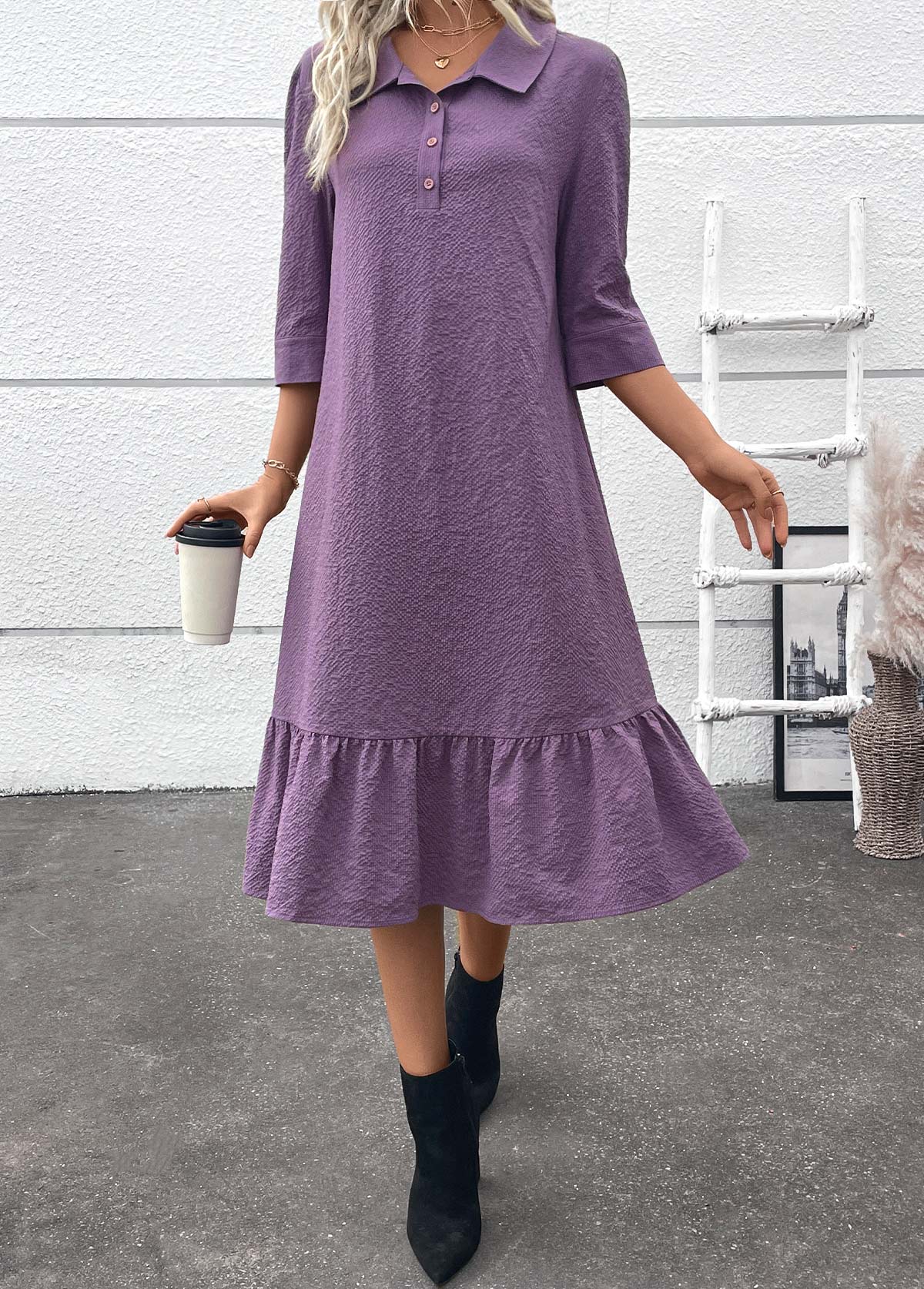 Dusty Purple Button A Line Belted 3/4 Sleeve Dress | picture 