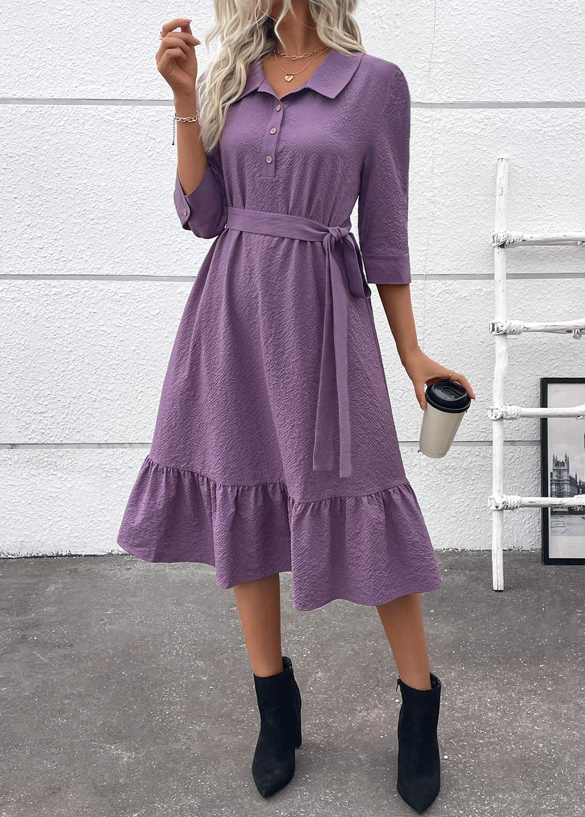 Dusty Purple Button A Line Belted 3/4 Sleeve Dress | picture 