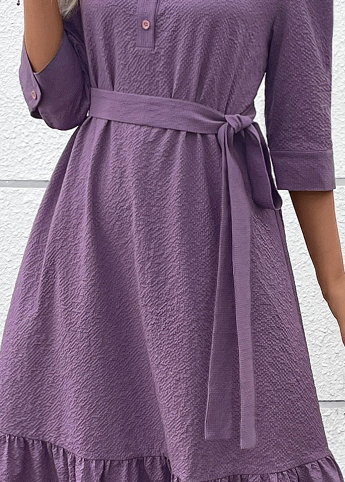 Dusty Purple Button A Line Belted 3/4 Sleeve Dress | picture 
