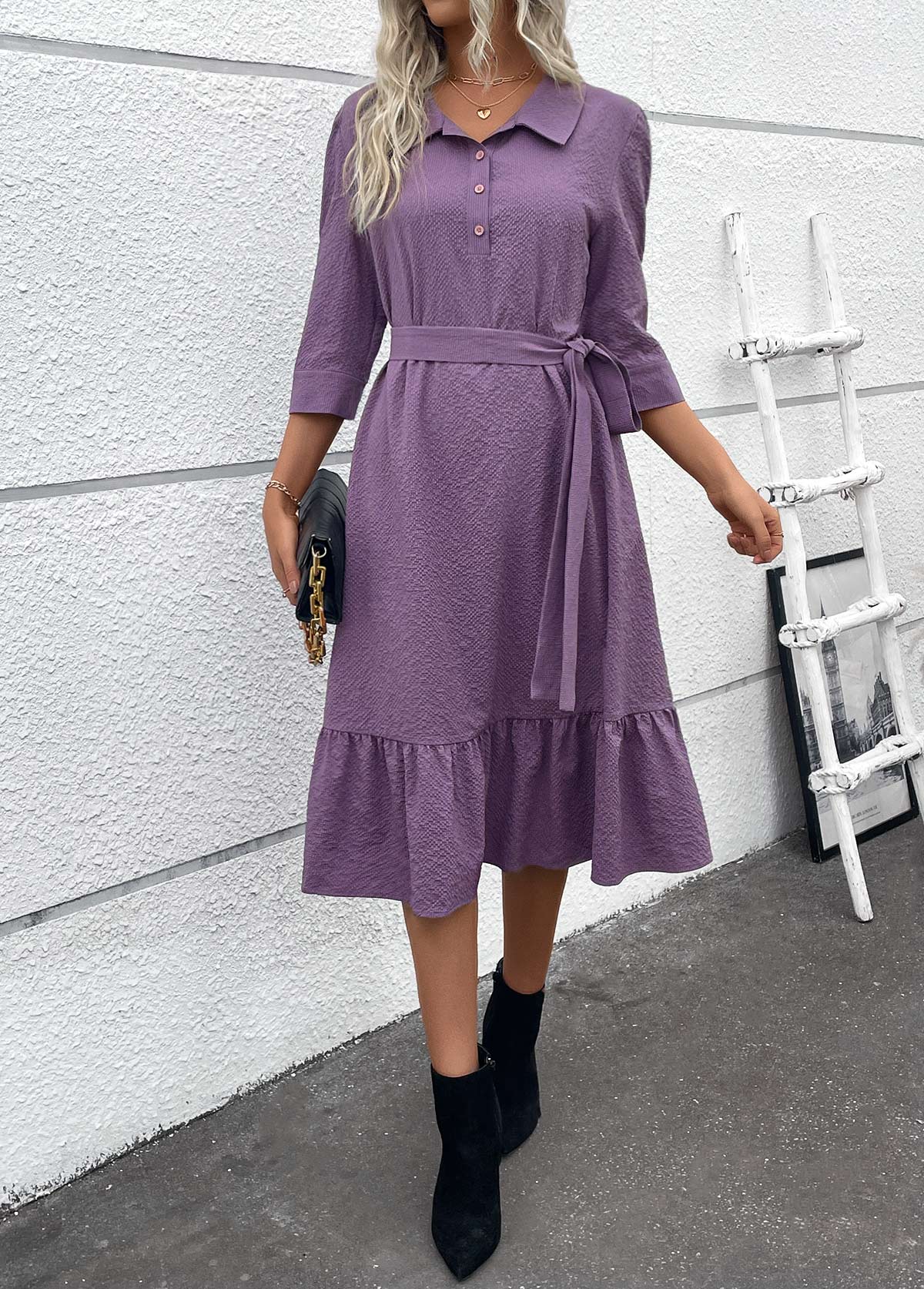 Dusty Purple Button A Line Belted 3/4 Sleeve Dress | picture 