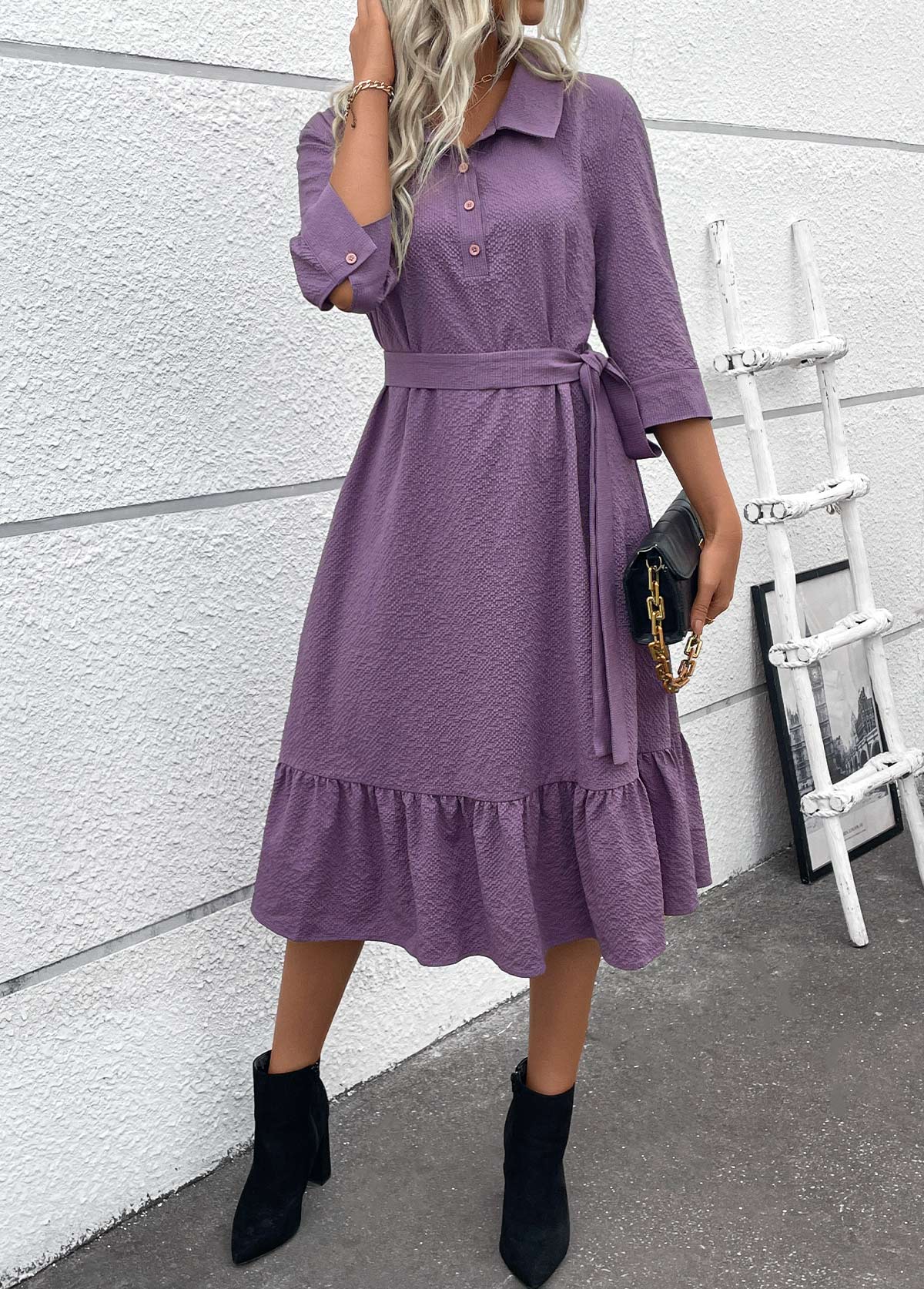 Dusty Purple Button A Line Belted 3/4 Sleeve Dress | picture 