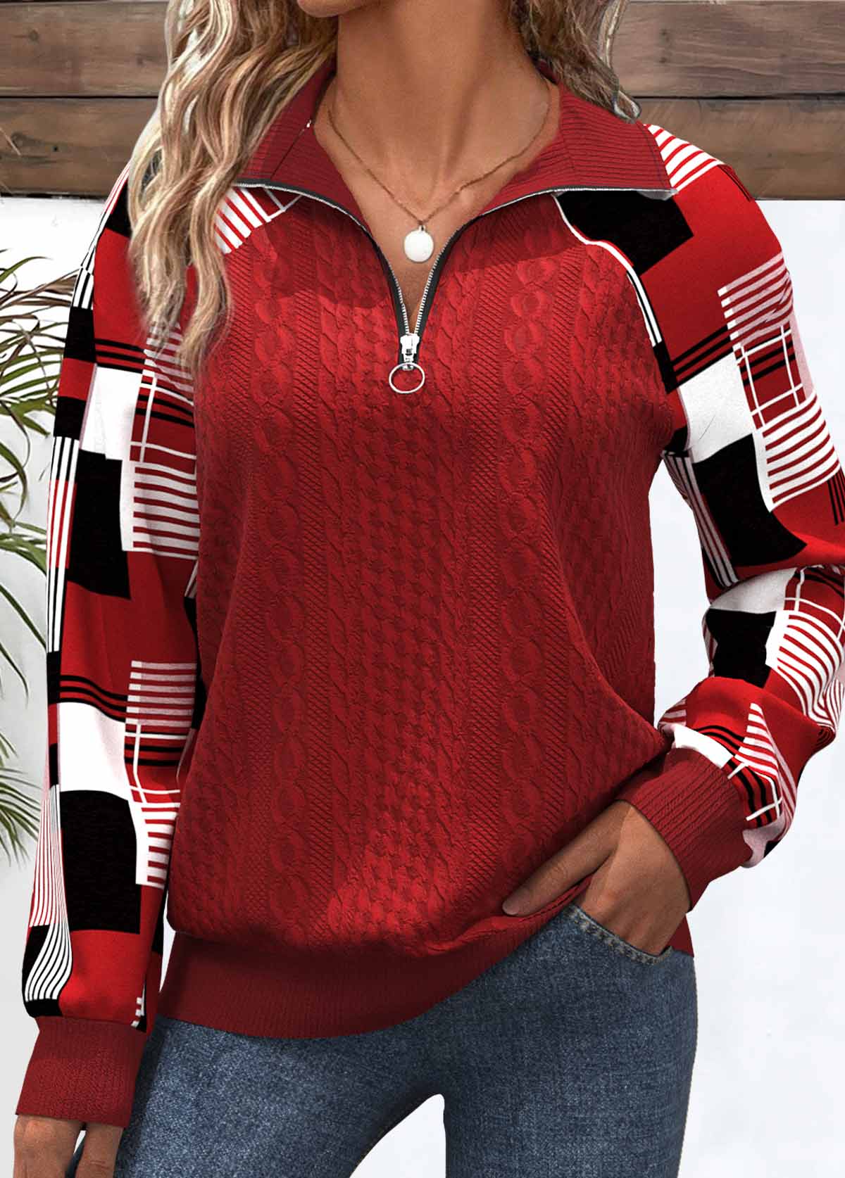 Red Patchwork Plaid Long Sleeve Turn Down Collar Sweatshirt | picture 
