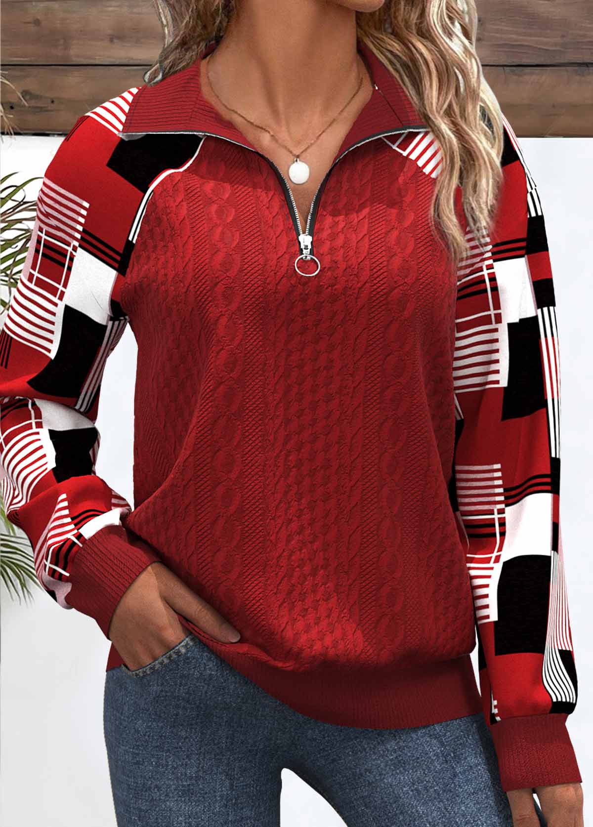 Red Patchwork Plaid Long Sleeve Turn Down Collar Sweatshirt | picture 