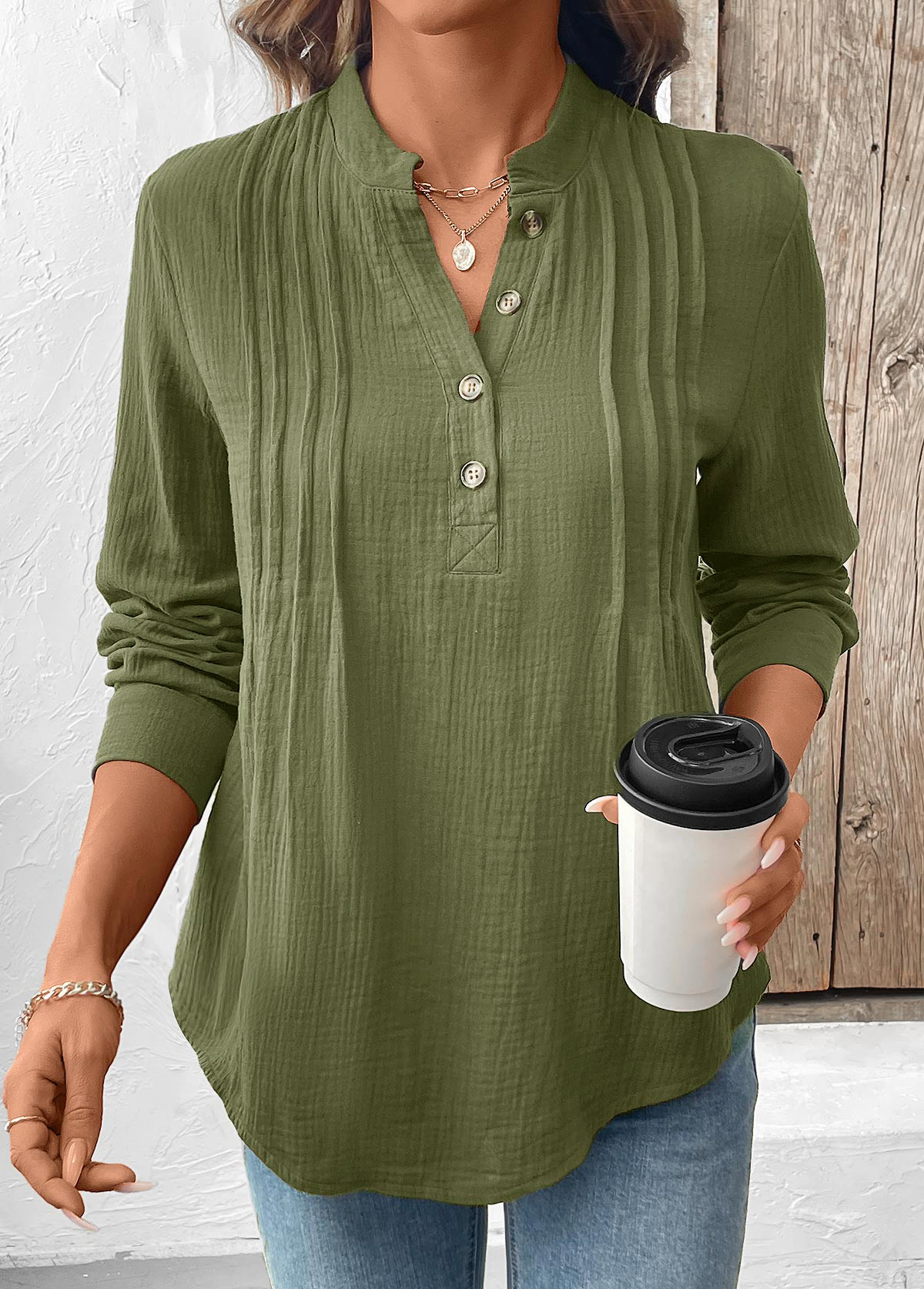 Modlily Olive Green Button Long Sleeve Split Neck Blouse - XXL