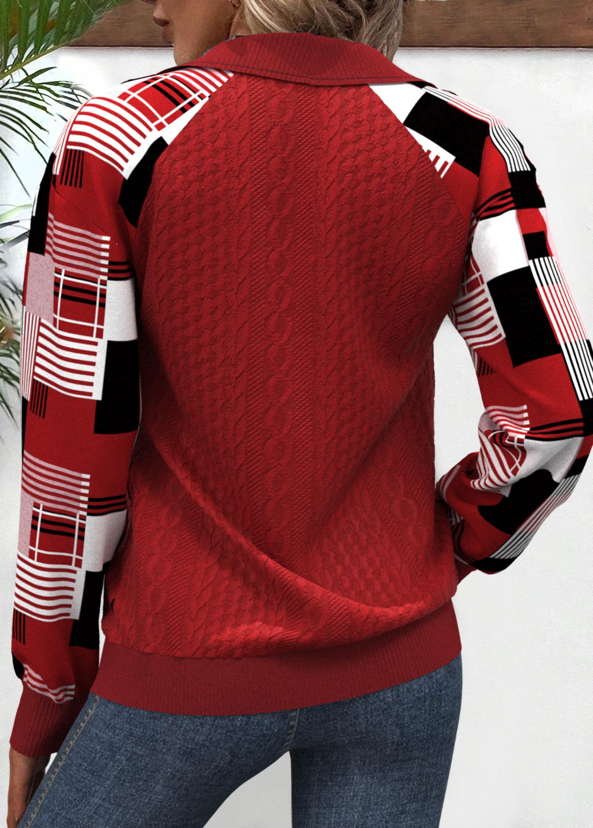 Plus Size Red Patchwork Plaid Long Sleeve Sweatshirt | picture 