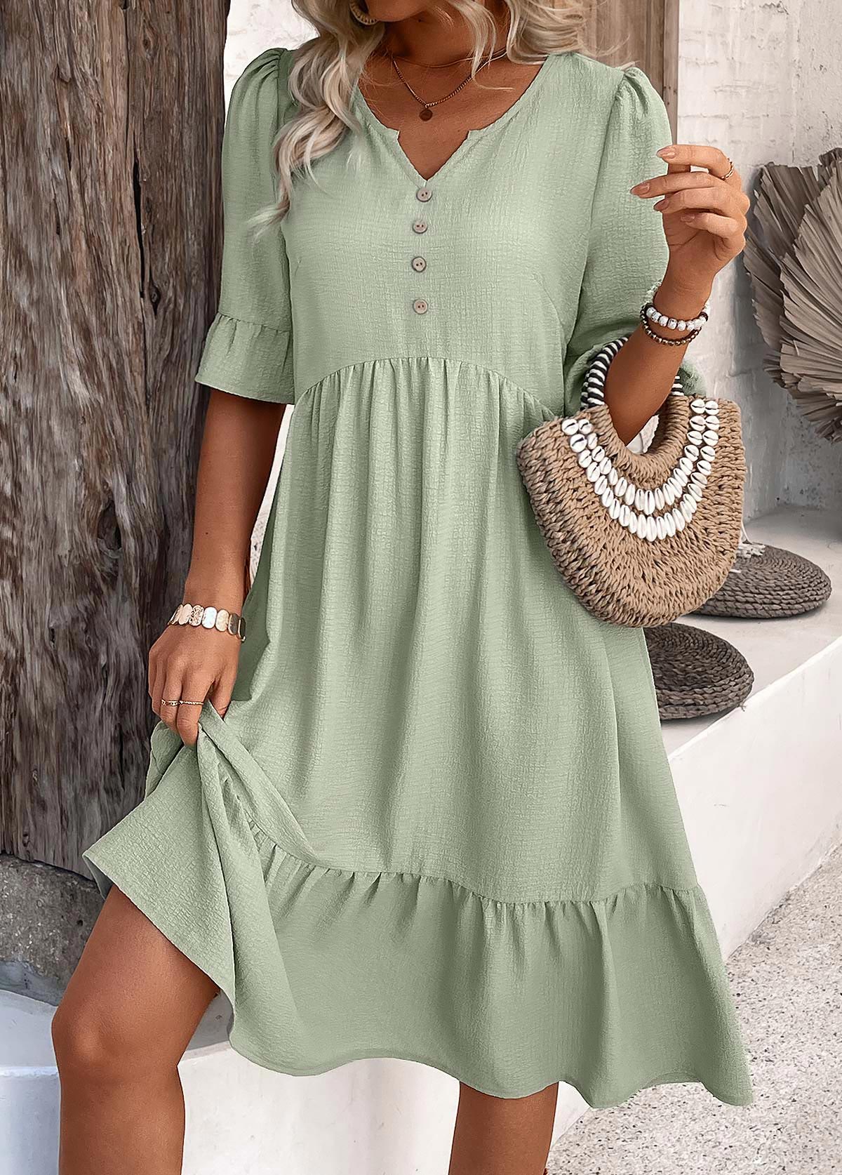 Sage Green Button A Line Half Sleeve Dress | picture 