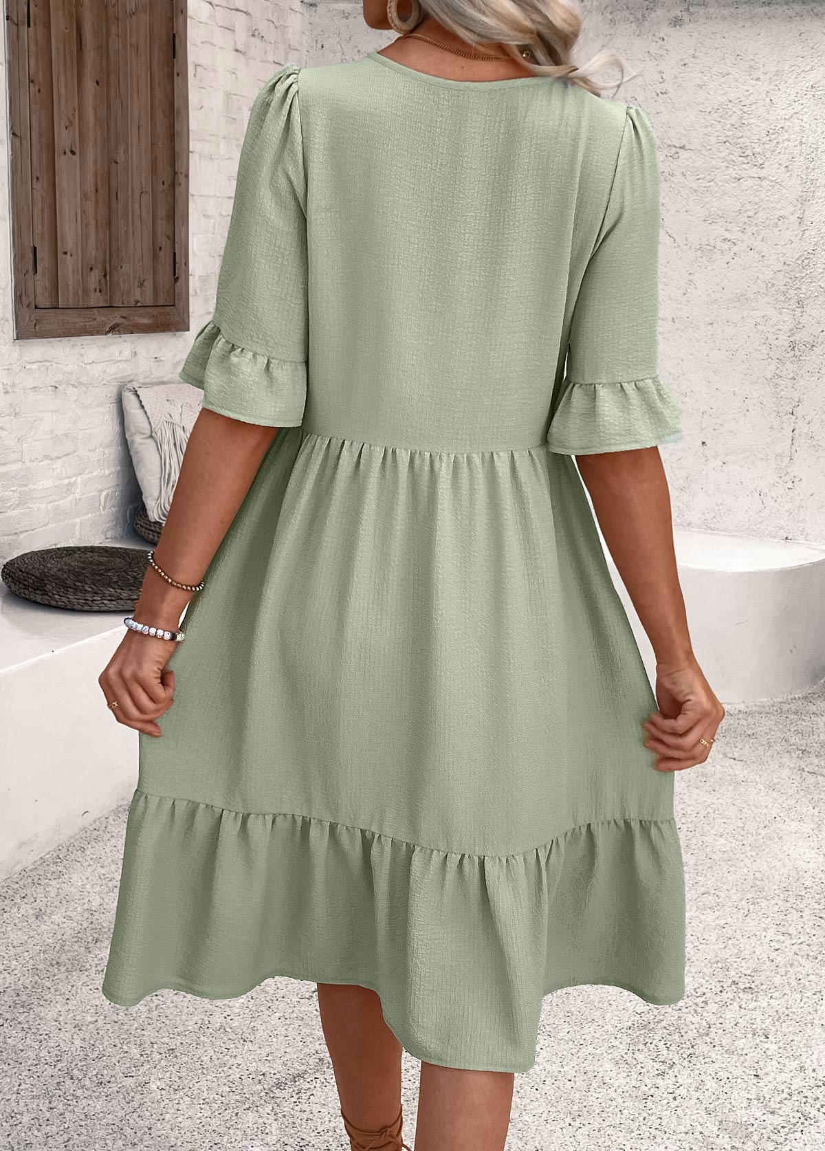 Sage Green Button A Line Half Sleeve Dress | picture 
