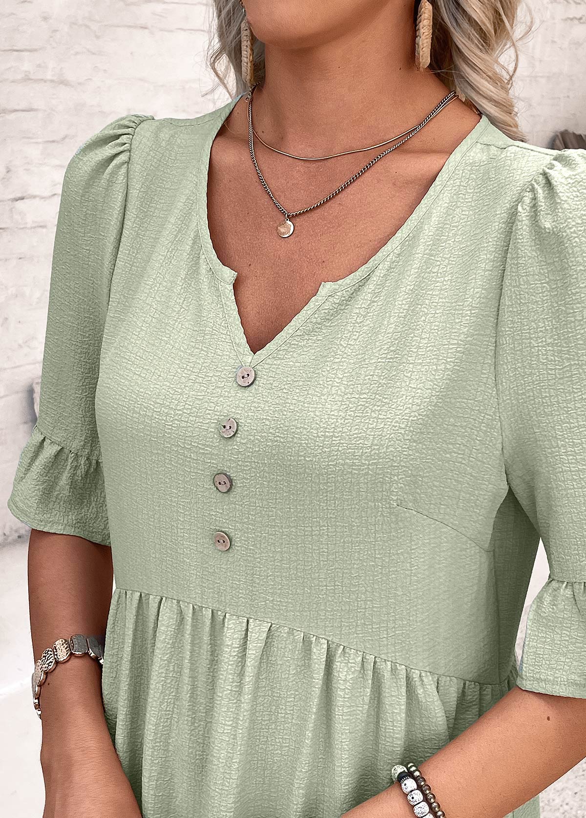 Sage Green Button A Line Half Sleeve Dress | picture 