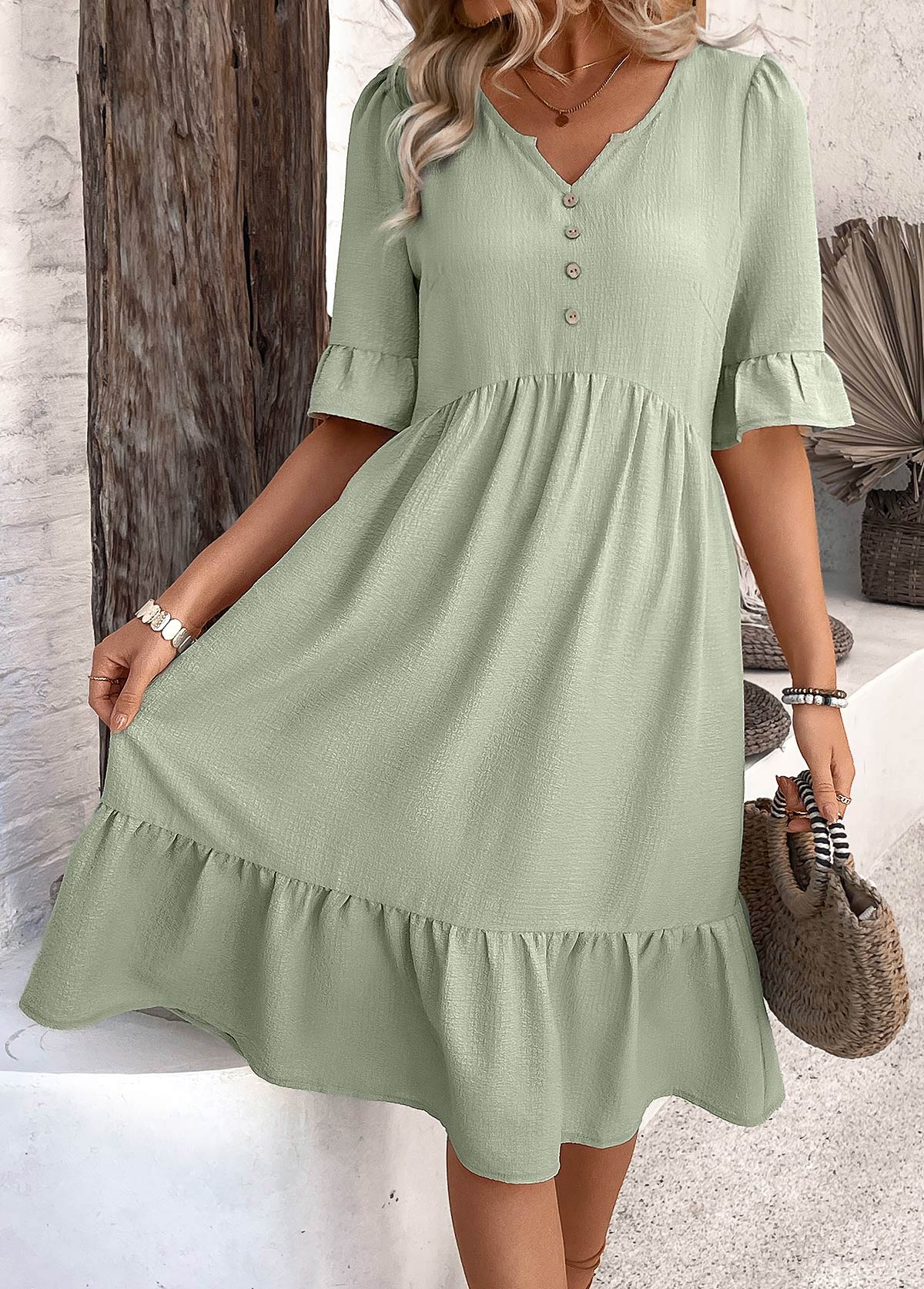Sage Green Button A Line Half Sleeve Dress | picture 