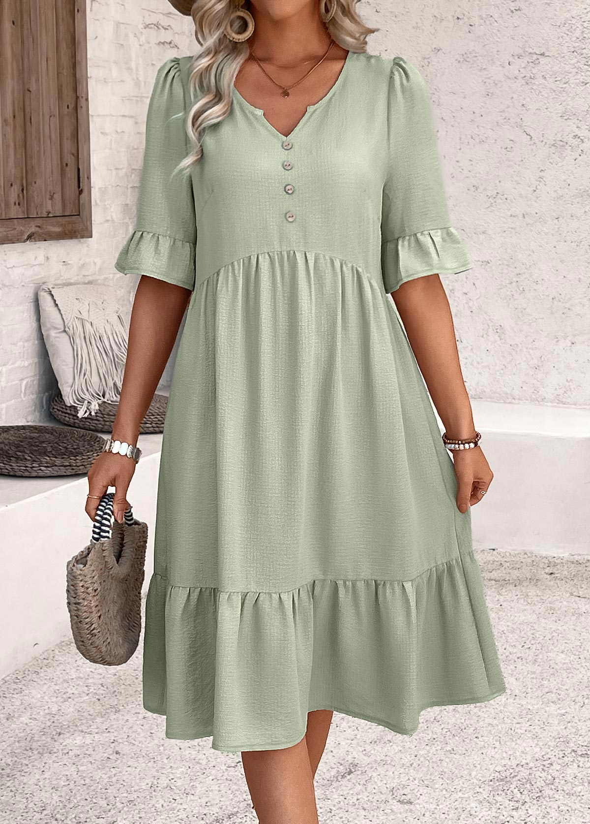 Sage Green Button A Line Half Sleeve Dress | picture 