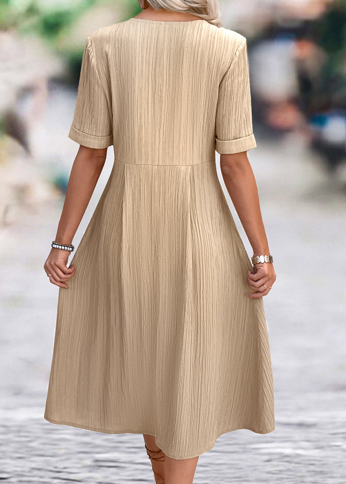 Light Coffee A Line Short Sleeve V Neck Dress | picture 