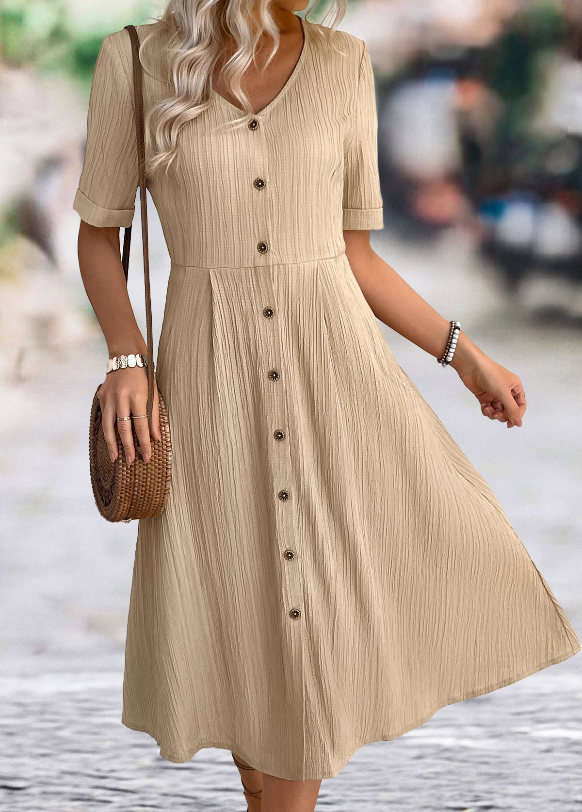 Light Coffee A Line Short Sleeve V Neck Dress | picture 