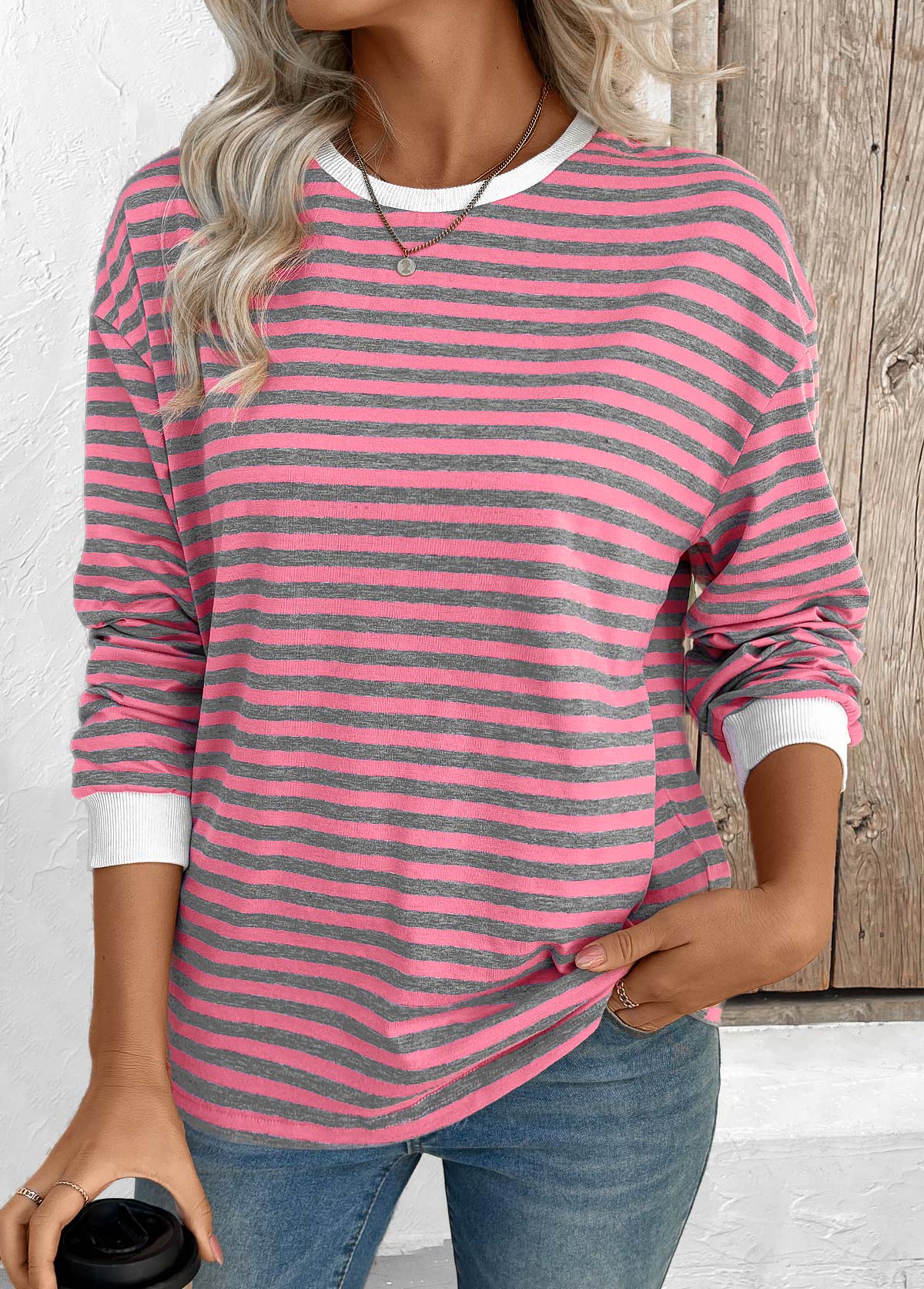 Pink Striped Long Sleeve Round Neck T Shirt | picture 