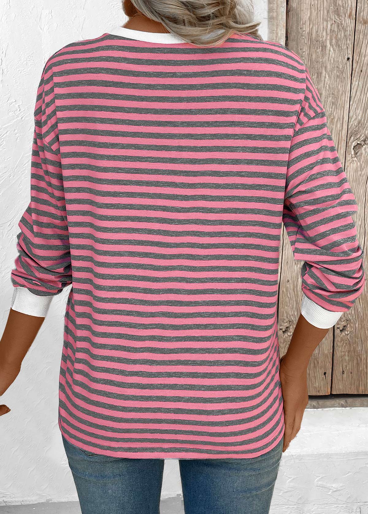 Pink Striped Long Sleeve Round Neck T Shirt | picture 