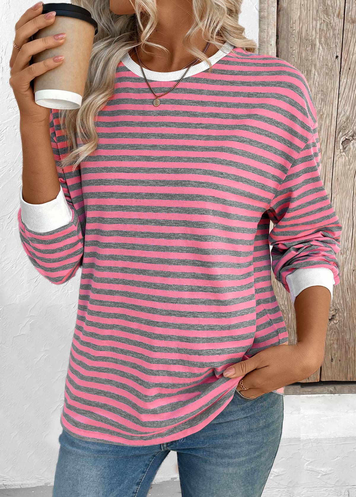 Pink Striped Long Sleeve Round Neck T Shirt | picture 
