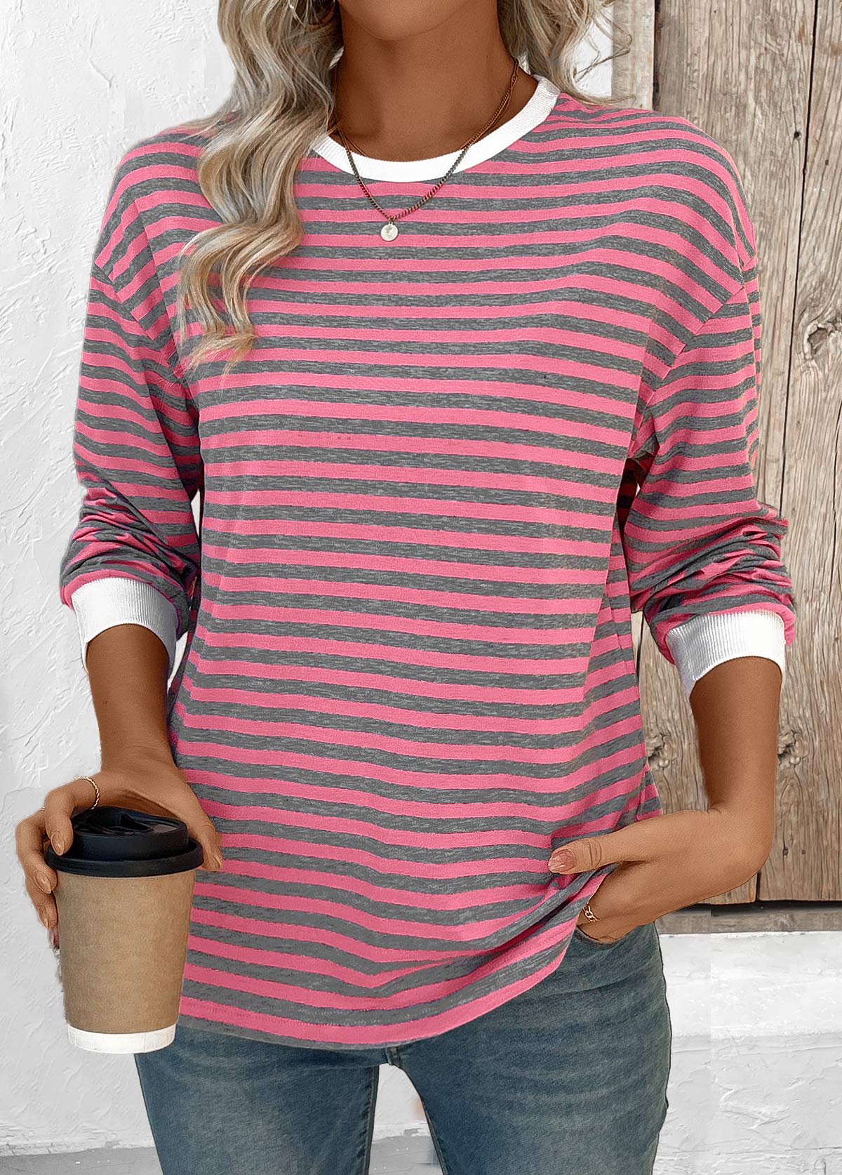Pink Striped Long Sleeve Round Neck T Shirt | picture 