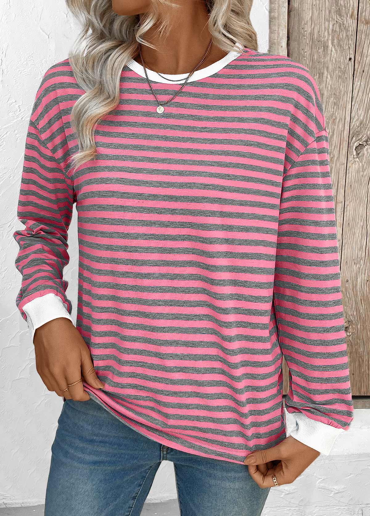 Pink Striped Long Sleeve Round Neck T Shirt | picture 
