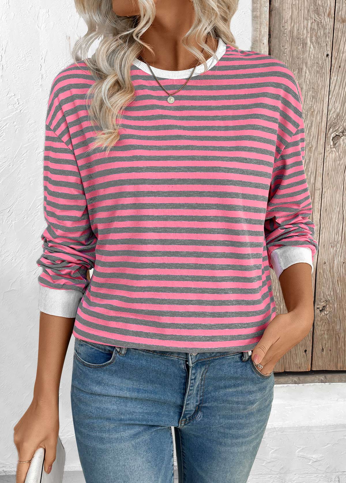 Pink Striped Long Sleeve Round Neck T Shirt | picture 