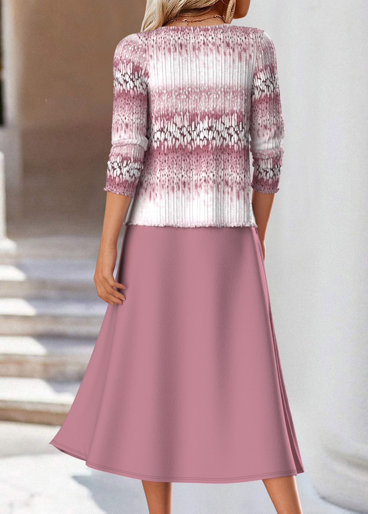 Pink Two Piece Ombre Long Sleeve Dress and Cardigan | picture 