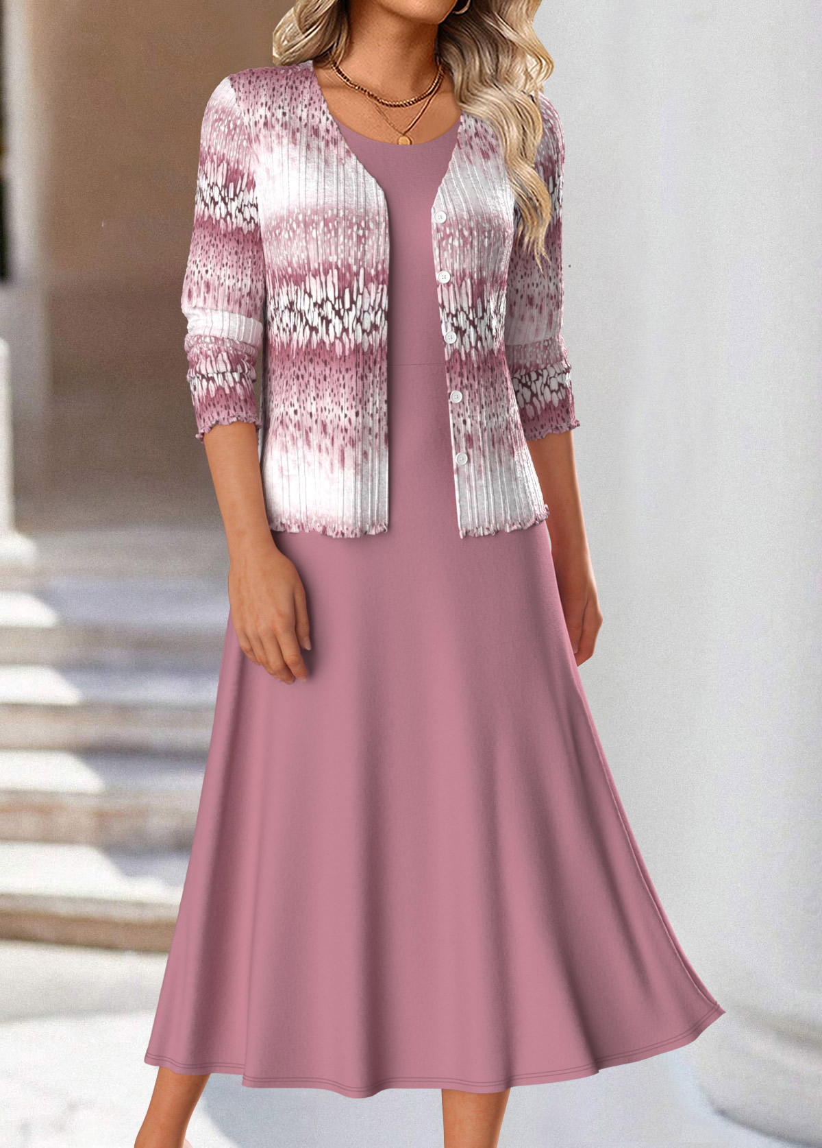 Pink Two Piece Ombre Long Sleeve Dress and Cardigan | picture 