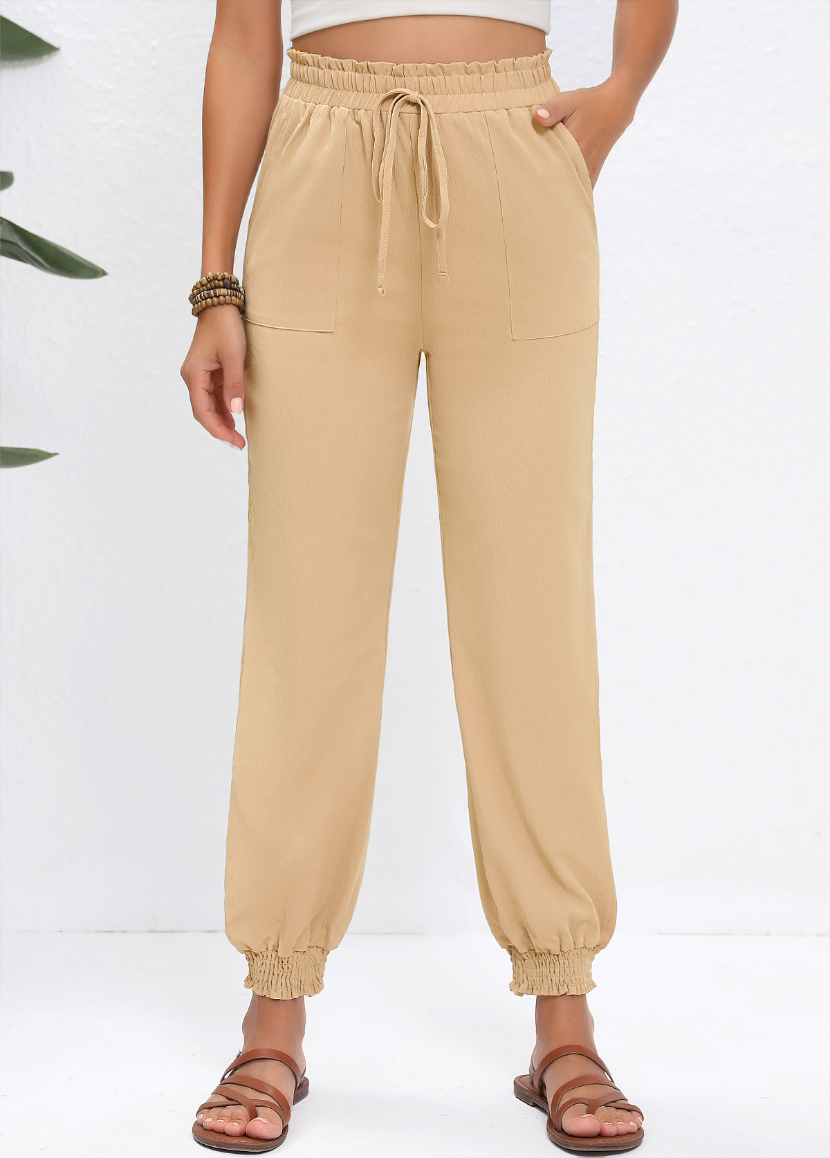 Light Camel Drawstring Jogger Elastic Waist High Waisted Pants | picture 