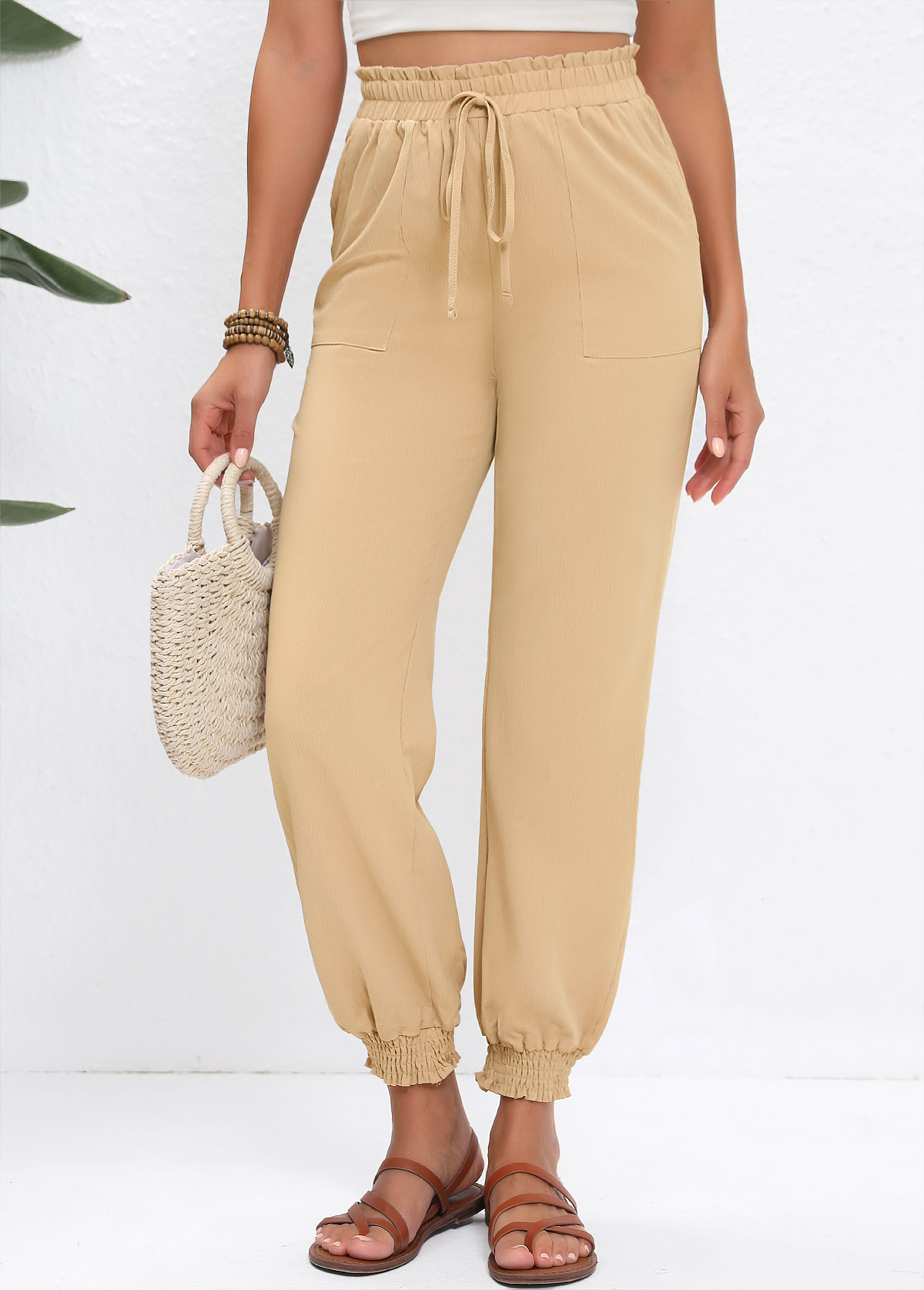Light Camel Drawstring Jogger Elastic Waist High Waisted Pants | picture 