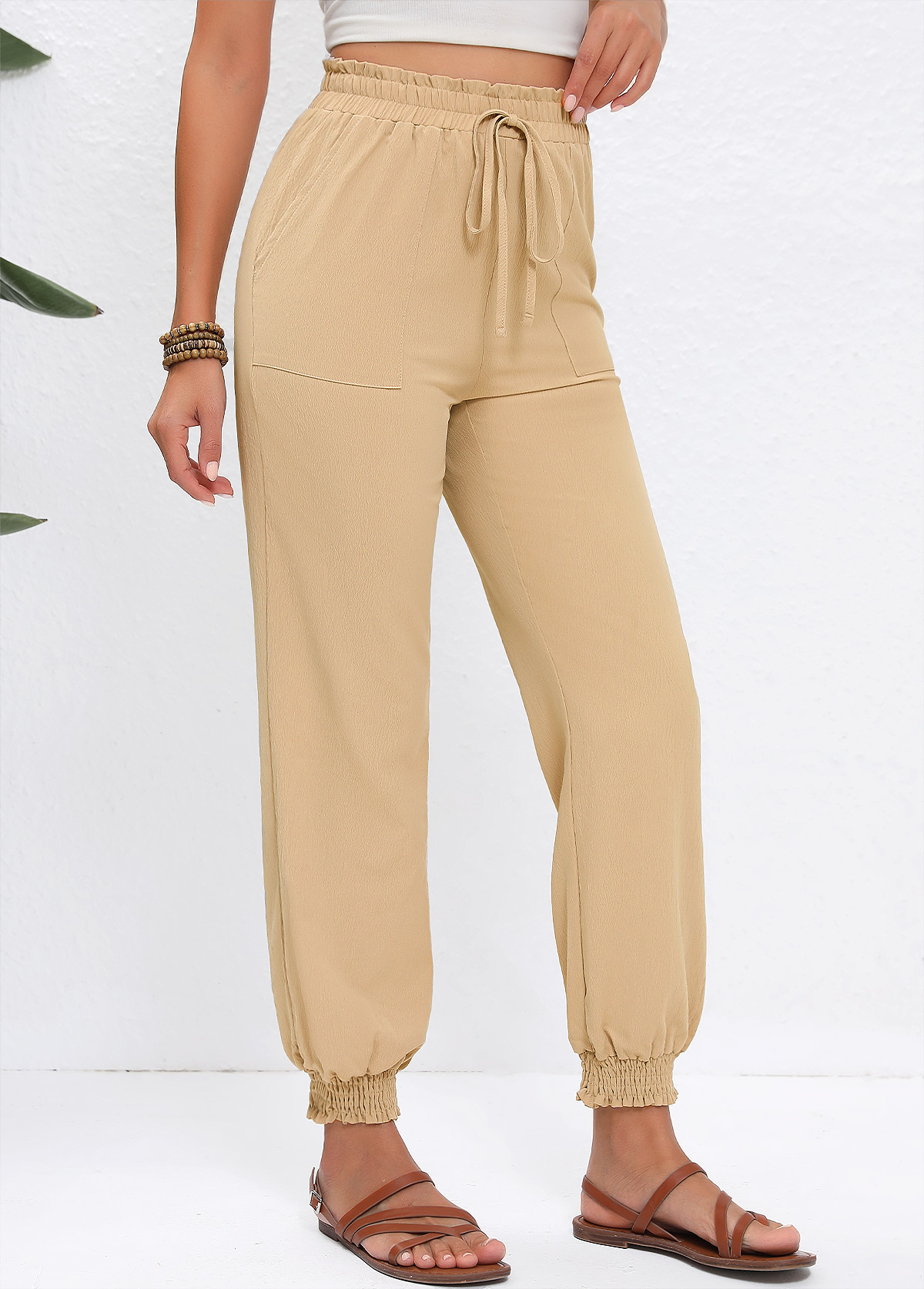 Light Camel Drawstring Jogger Elastic Waist High Waisted Pants | picture 