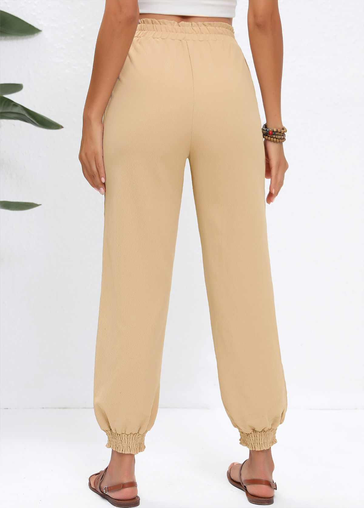 Light Camel Drawstring Jogger Elastic Waist High Waisted Pants | picture 