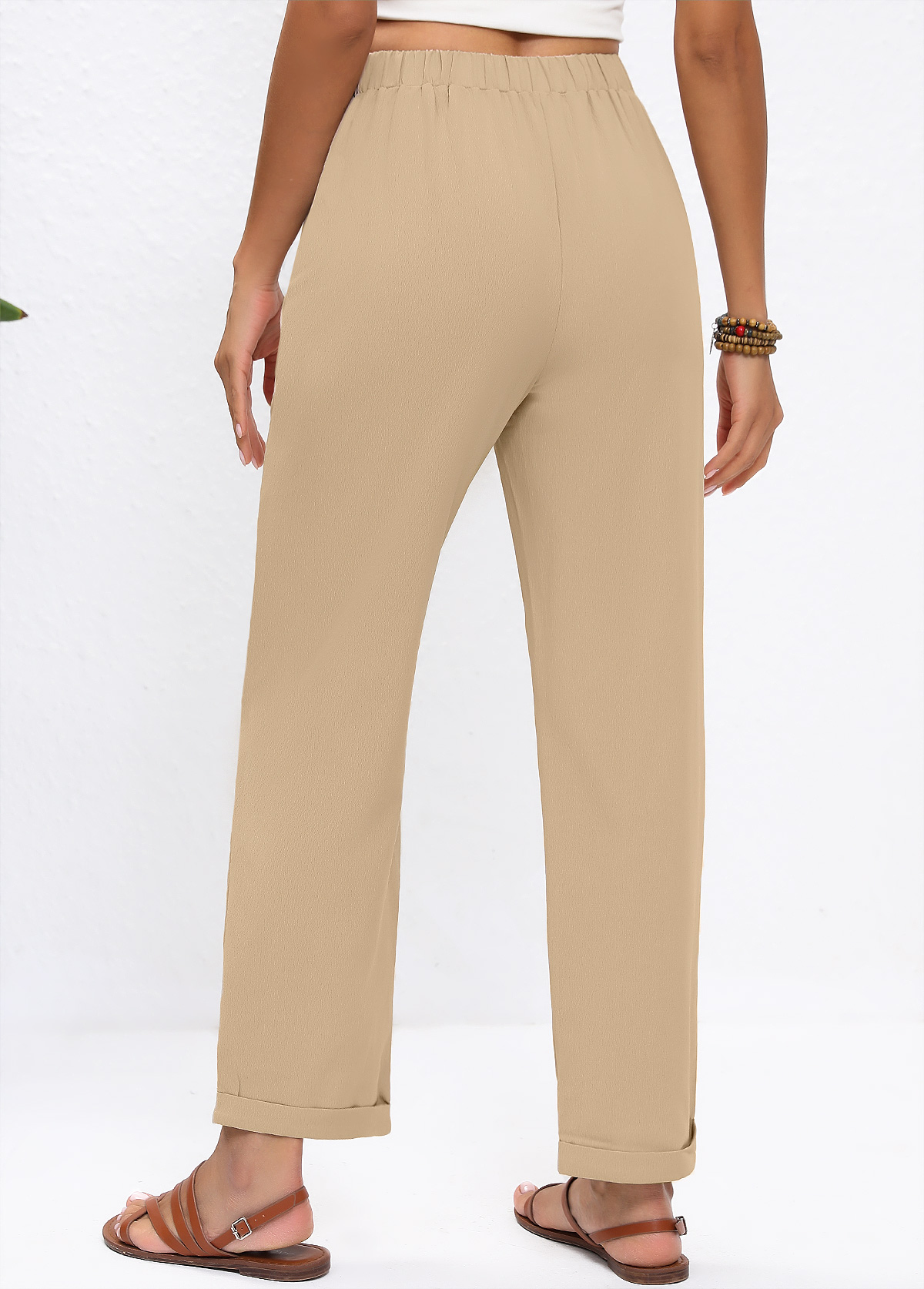 Light Camel Straight Leg Elastic Waist High Waisted Pants | picture 