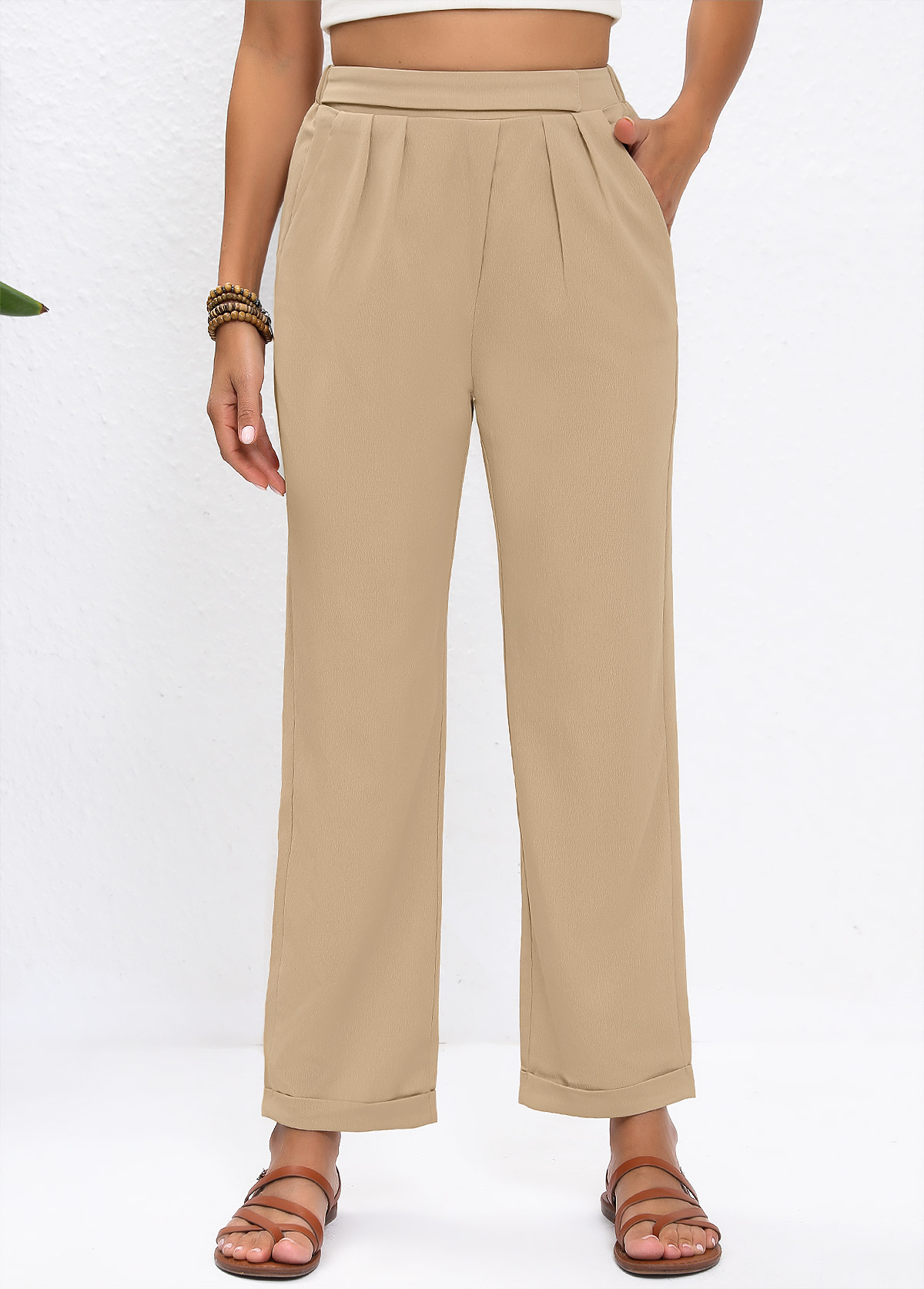 Light Camel Straight Leg Elastic Waist High Waisted Pants | picture 