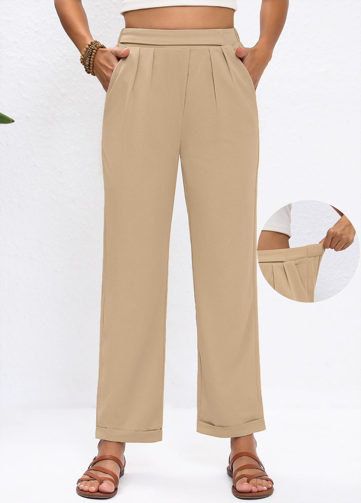 Light Camel Straight Leg Elastic Waist High Waisted Pants | picture 
