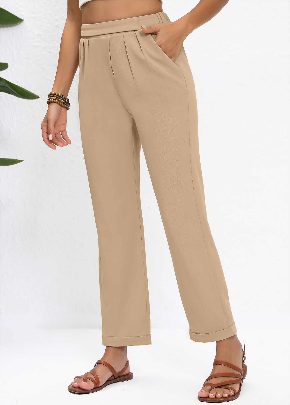 Light Camel Straight Leg Elastic Waist High Waisted Pants | picture 